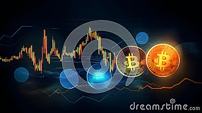 Bitcoin shiners and candlesticks price graph on dark background, neural network generated image Stock Photo
