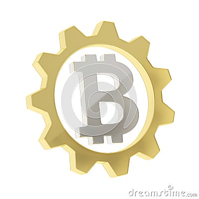 Bitcoin sign inside of a cogwheel gear isolated Stock Photo