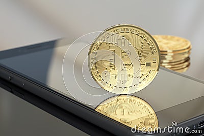 Bitcoin on a smartphone with a defocused background Stock Photo