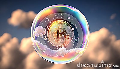 Bitcoin in soap bubble flying on cloud background, financial fragility of cryptocurrency bubble Editorial Stock Photo