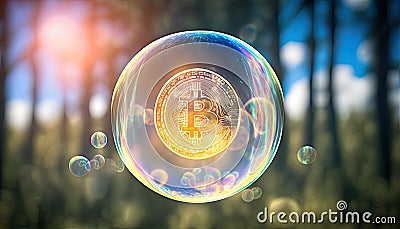 Bitcoin in soap bubble flying on green background, financial fragility of cryptocurrency bubble Editorial Stock Photo
