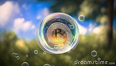 Bitcoin in soap bubble flying on green background, financial fragility of cryptocurrency bubble Editorial Stock Photo