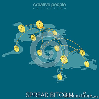 Bitcoin spread worldwide economy coins flat isometric vector 3d Vector Illustration