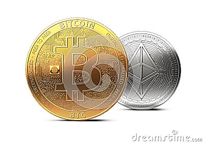 Bitcoin stands in front of ethereum isolated on white background. Domination concept Editorial Stock Photo