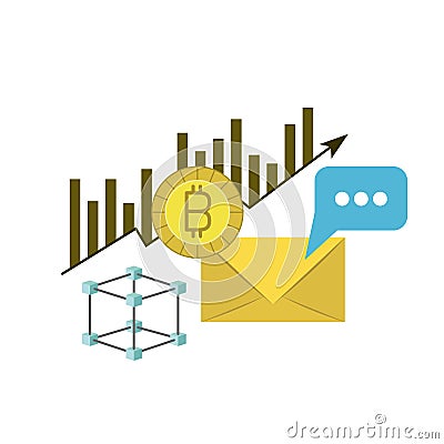 Bitcoin statistics bars growing and mail envelope Vector Illustration