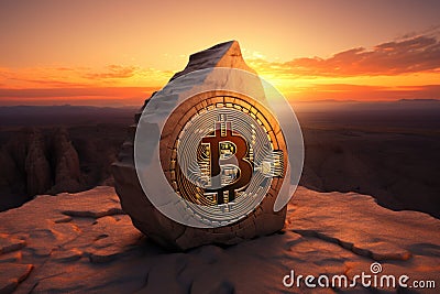 Bitcoin In Stone Carved Into A Triangular Mount Sunset Stock Photo