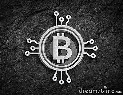 Bitcoin stone coin circuit symbol rock wall background Stock Photo