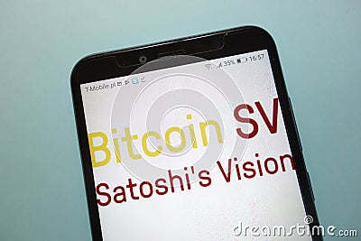 Bitcoin SV Satoshi`s Vision logo displayed on smartphone Editorial Stock Photo