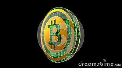 Bitcoin, close up view of gold cryptocurrency coin with binary code on black background, side view Stock Photo