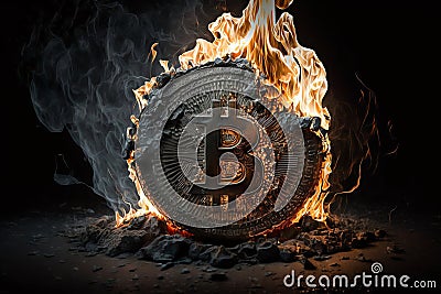 Bitcoin symbol in fire. Bitcoin sign burning. Digital electronic currency. Cryptocurrency. Online banking. Generative AI Stock Photo