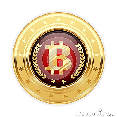 Bitcoin symbol on gold medal - cryptocurrency icon Vector Illustration