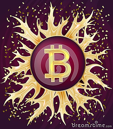 Bitcoin symbol and gold ornaments. Cartoon Illustration