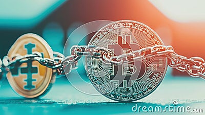 Ai generative. Bitcoin symbol surrounded by chains, representing financial security and blockchain technology. Stock Photo