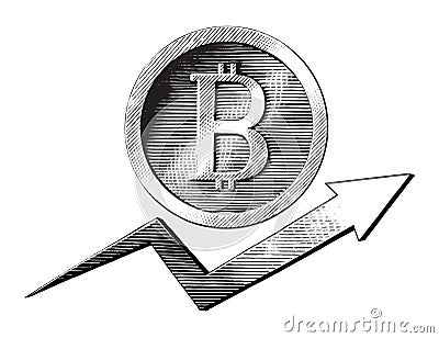 Bitcoin symbol with up trand hand draw vintage engraving style Vector Illustration