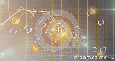 Bitcoin symbols and dynamic lines showing on digital grid Stock Photo