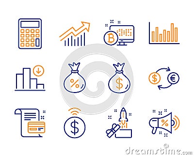 Bitcoin system, Innovation and Bar diagram icons set. Contactless payment, Calculator and Loan signs. Vector Vector Illustration