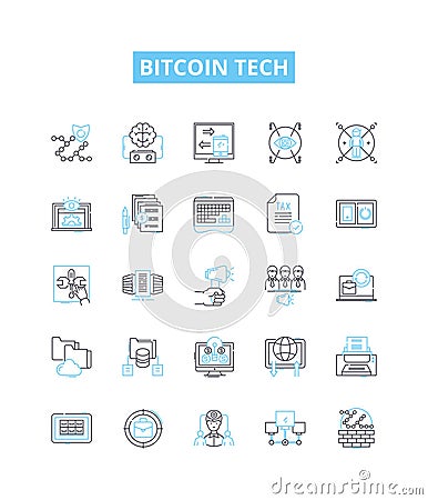 Bitcoin tech vector line icons set. Bitcoin, Tech, Blockchain, Cryptocurrency, Mining, Digital, Exchange illustration Vector Illustration