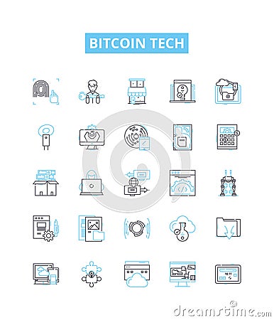 Bitcoin tech vector line icons set. Bitcoin, Tech, Blockchain, Cryptocurrency, Mining, Digital, Exchange illustration Cartoon Illustration