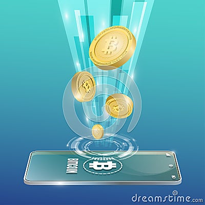 Bitcoin technology concept with the mobile background. Realistic vector illustration Vector Illustration