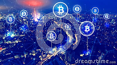 Bitcoin theme with aerial view of Tokyo Stock Photo