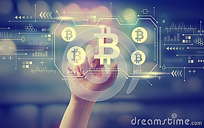 Bitcoin theme with hand pressing a button Editorial Stock Photo
