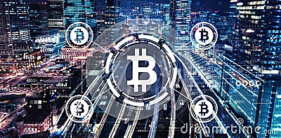 Bitcoin theme with a large train station Stock Photo