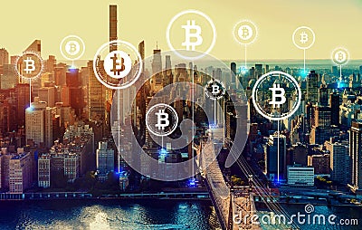 Bitcoin theme with New York City Stock Photo