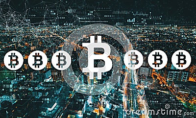 Bitcoin theme with night cityscape Stock Photo