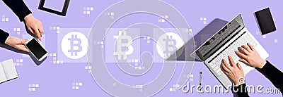 Bitcoin theme with people working together Editorial Stock Photo