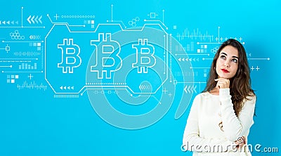 Bitcoin theme with young woman Stock Photo