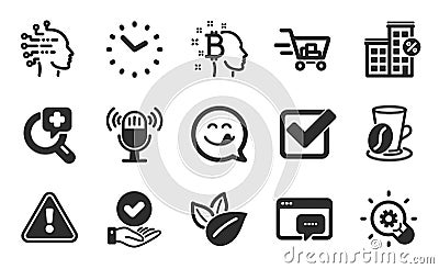 Bitcoin think, Organic product and Artificial intelligence icons set. Time, Innovation and Loan house signs. Vector Stock Photo