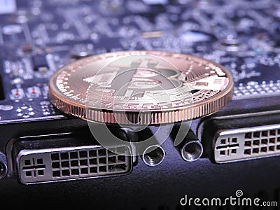 Bitcoin on top of graphics processing unit or GPU Stock Photo