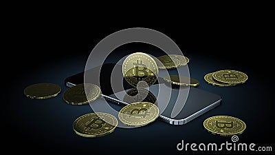 bitcoin on top of smartphone on black background Stock Photo