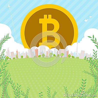 Bitcoin Townscape back image illustration_green square Vector Illustration