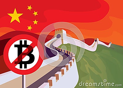 Bitcoin trade is limited in China. Prohibition of trade in bitcoins. Bitcoin decline. Blockchain cryptocurrency crisis Vector Illustration