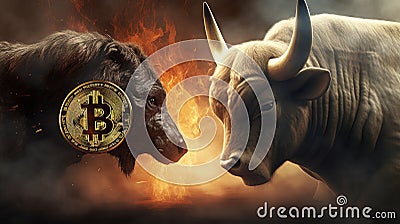 Bitcoin trading battle, angry bull confronts ferocious bear in stock market showdown Stock Photo