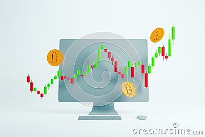 Bitcoin trading chart on computer screen with floating coins. 3D Rendering Stock Photo