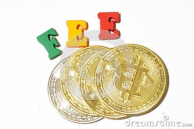 Bitcoin transaction fee concept. Cryptocurrency coins on white background Stock Photo