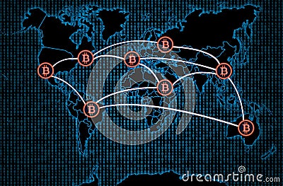 Bitcoin transactions on a dark world map Stock Photo