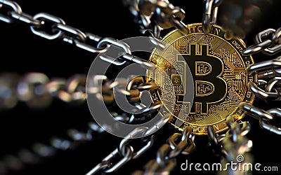 Bitcoin trapped with chains - cryptocurrencies in trouble concept. Bans, restrictions, taxes, illegal. 3D rendering Stock Photo