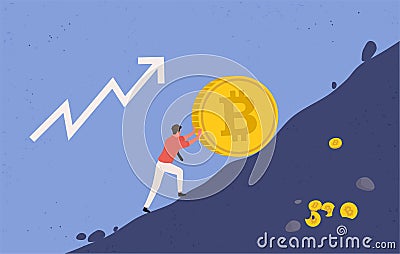 Bitcoin upward growth. Miner lifts up a big bitcoin coin uphill, upward trend concept. Crypto currency Vector Illustration