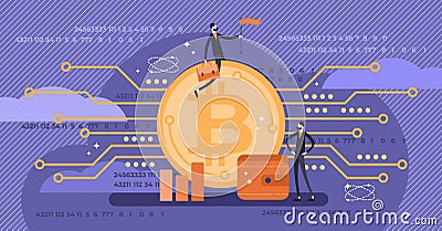 Bitcoin vector illustration. Flat mini persons with virtual money concept. Vector Illustration