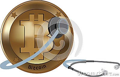 Bitcoin virtual currency for international listing with stethoscope Vector Illustration