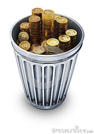 Bitcoin virtual currency in trash can. Stock Photo