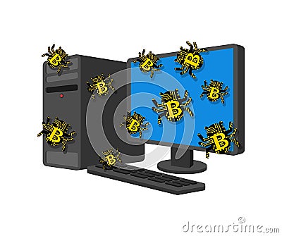 Bitcoin virus bug infected computer. Digital currency computer virus Vector Illustration