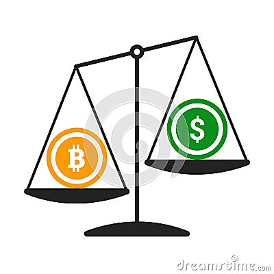 Bitcoin vs dollar vector concept with balance scales. Flat design vector illustration Vector Illustration