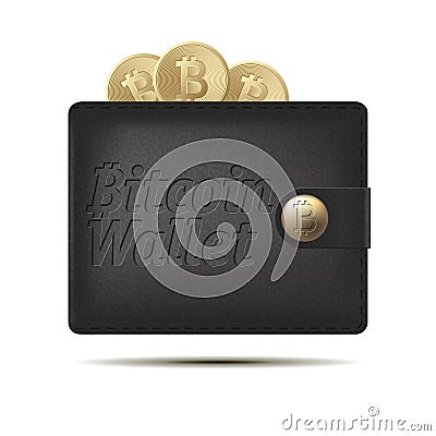 Bitcoin wallet with coins isolated on white background. Design element for Your business project. Black and yellow bitcoin. Vector Stock Photo