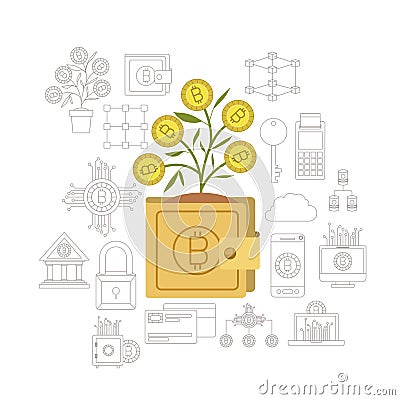 Bitcoin wallet growing currency in closeup and bitcoin related icons in monochrome background Vector Illustration