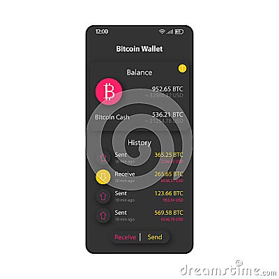 Bitcoin wallet organizer smartphone interface vector template. Mobile app page black design layout. Online payment Vector Illustration