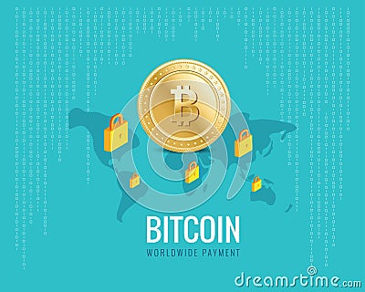 Bitcoin worldwide payment illustration with world map and lock icons on the digital blue background. Vector Illustration